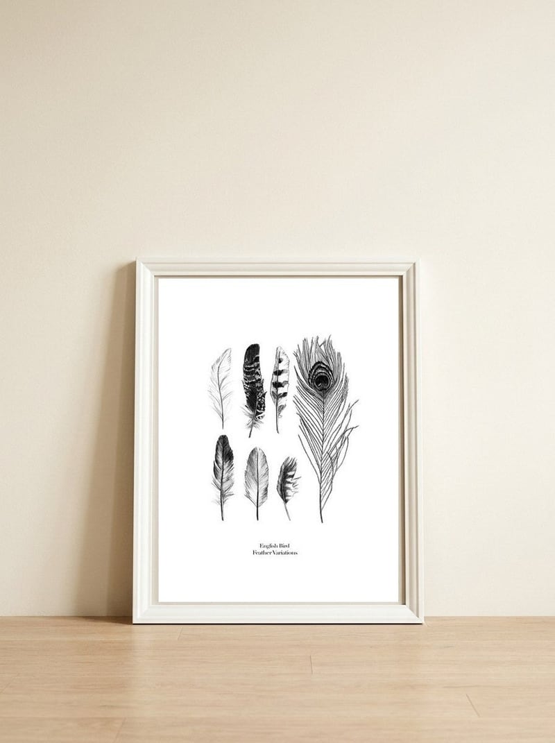 English Feather Variations — framed, leaning against the wall