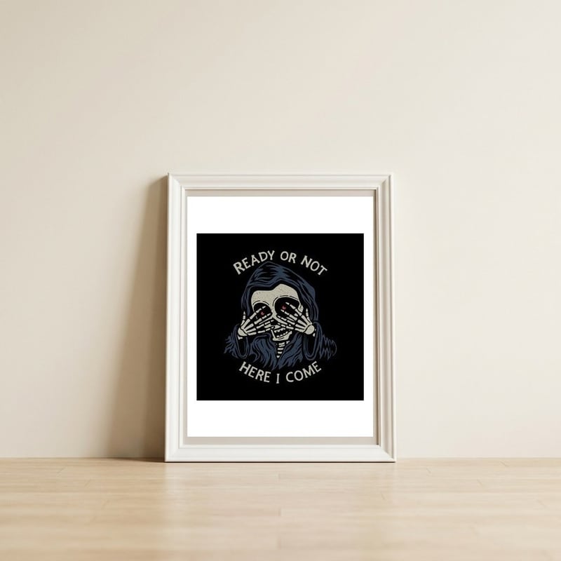 Grim Seeker — framed, leaning against the wall