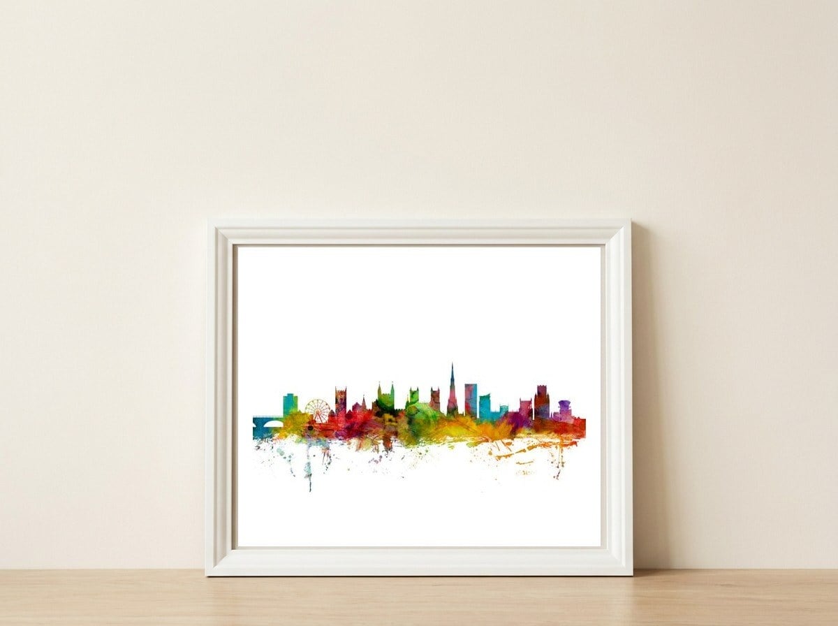 Bristol England Skyline — framed, leaning against the wall