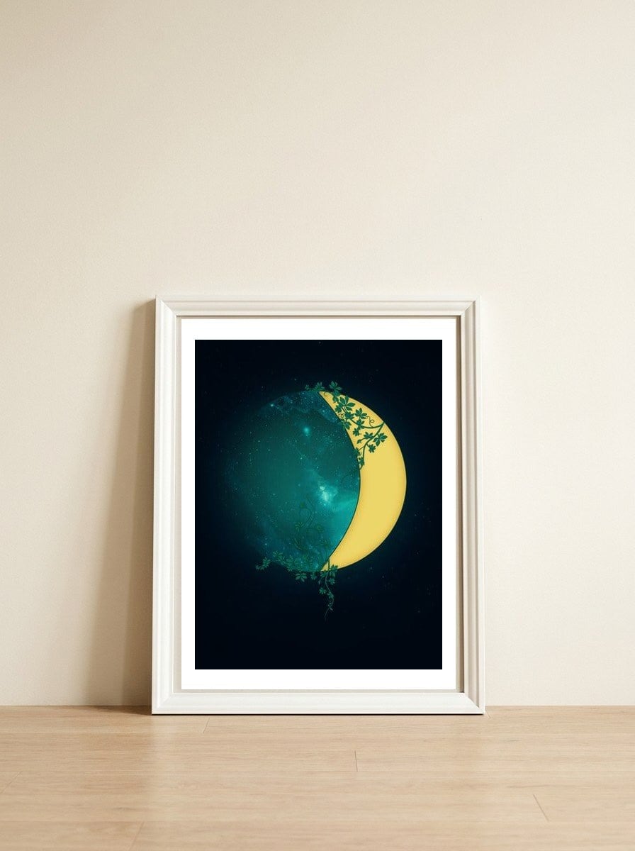 Growing Moon — framed, leaning against the wall