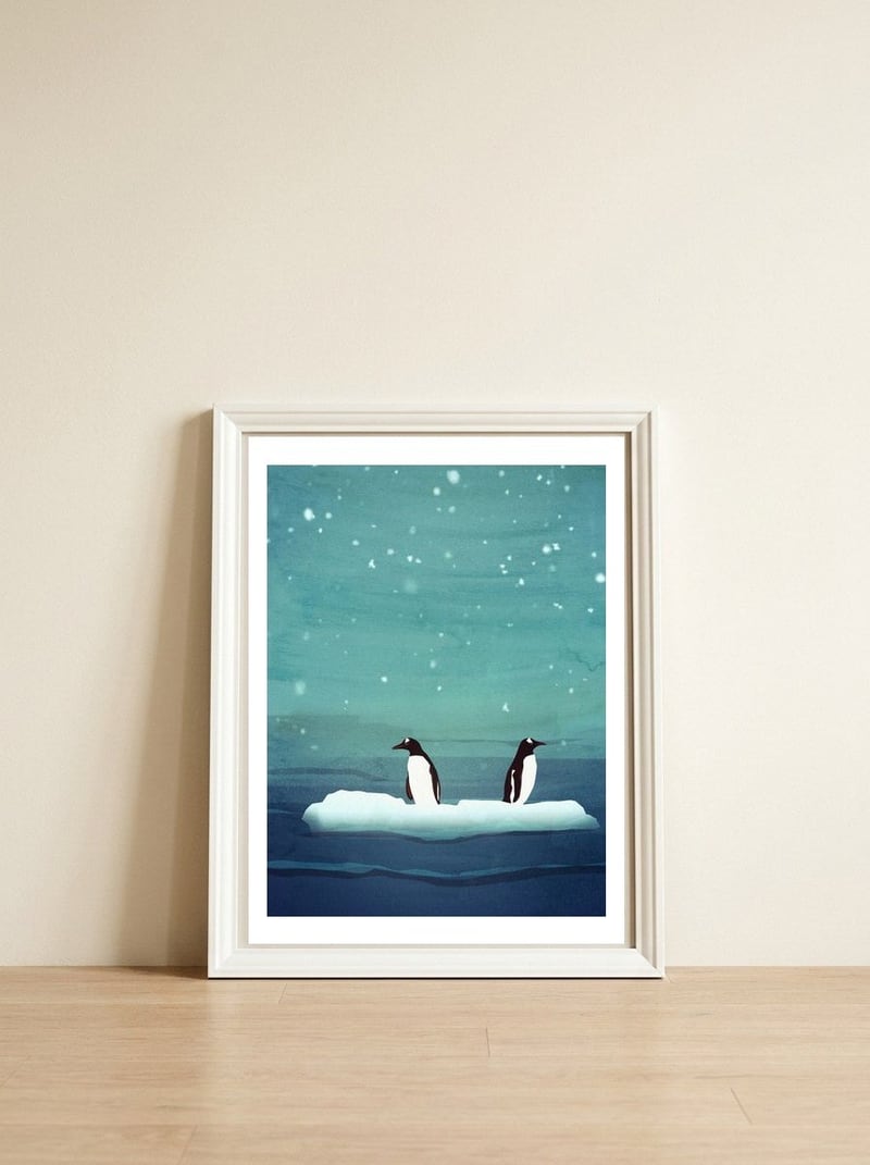 Penguins — framed, leaning against the wall