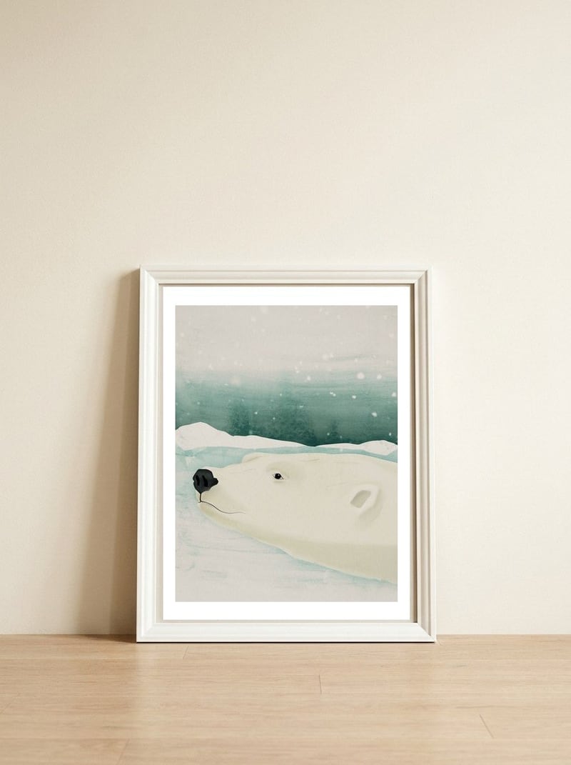 Polar bear — framed, leaning against the wall
