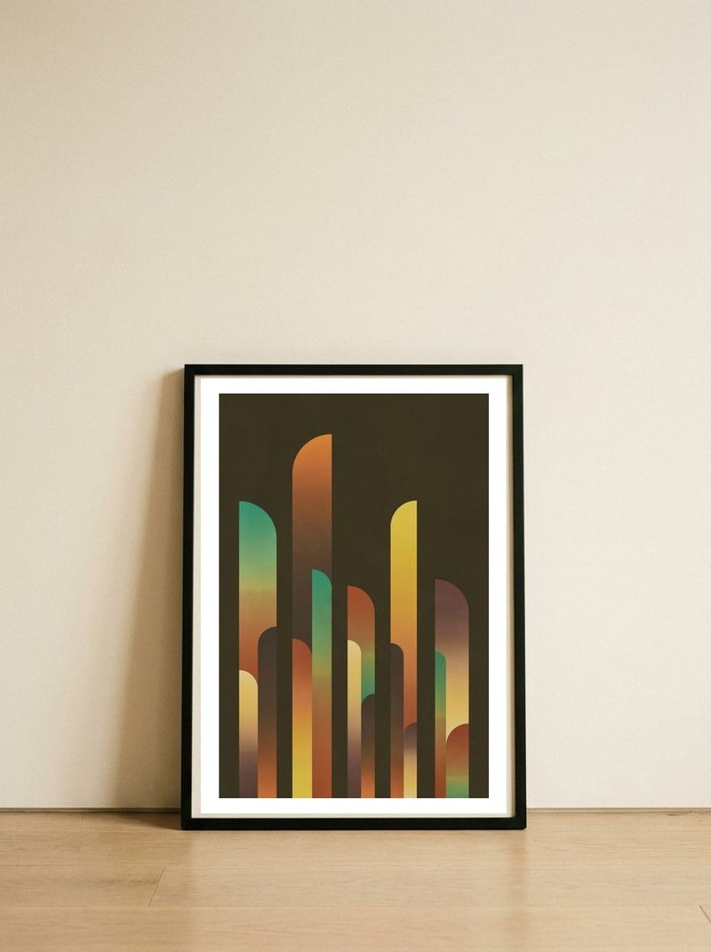 Out of the dark — framed, leaning against the wall