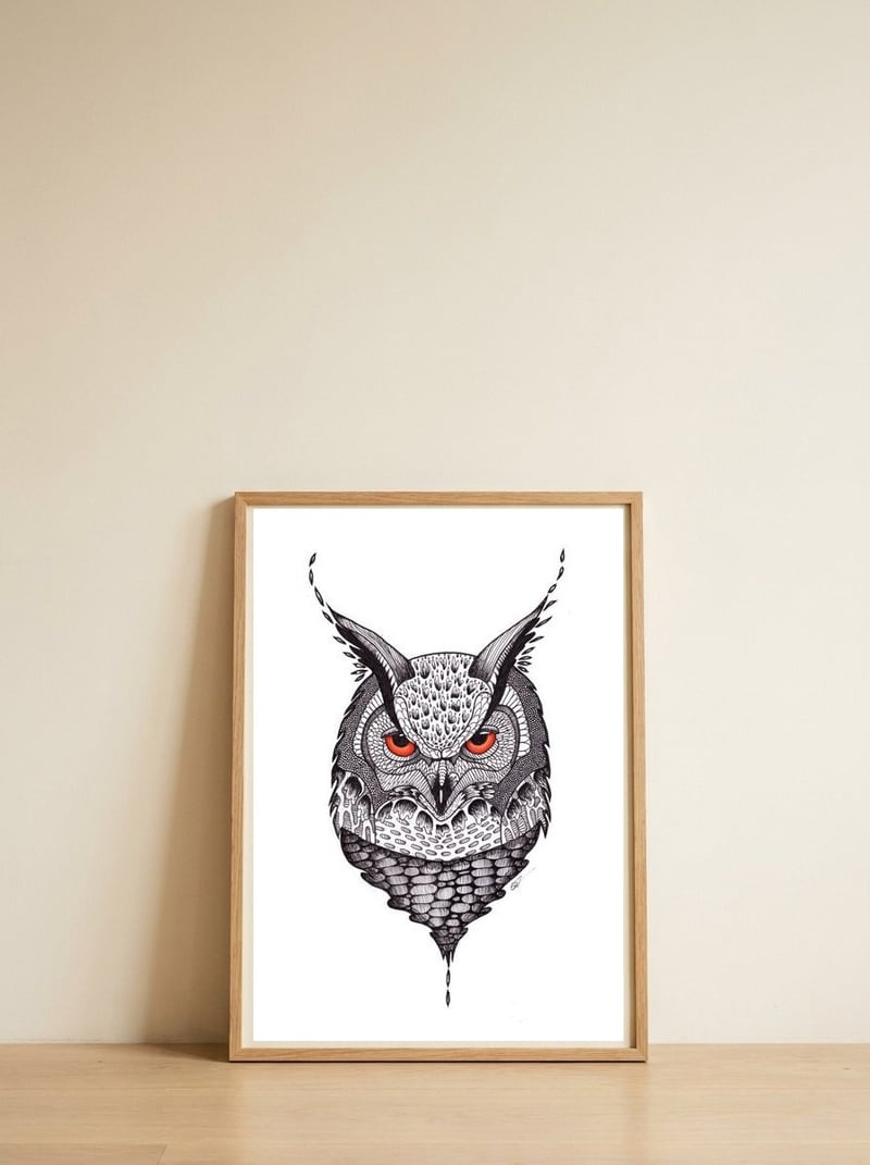 Owl — framed, leaning against the wall