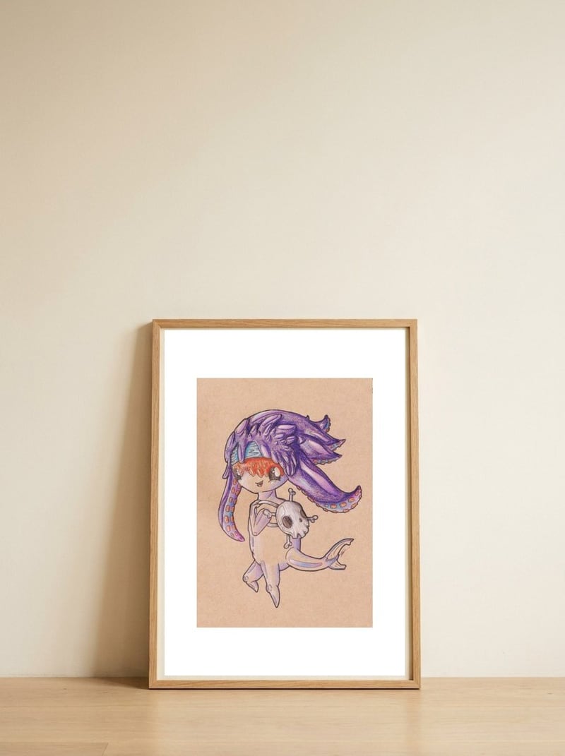 Octopus School Girl — framed, leaning against the wall
