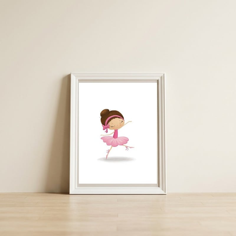 Adorable Leaping Ballerina Nursery Print — framed, leaning against the wall