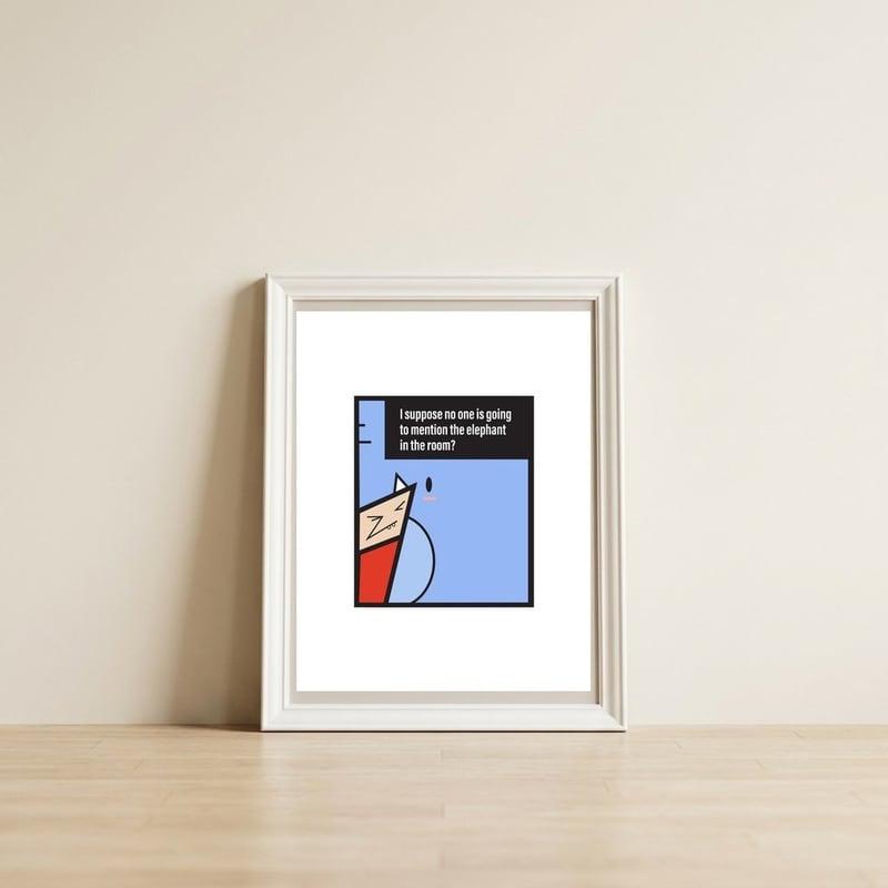 Elephant in the room — framed, leaning against the wall
