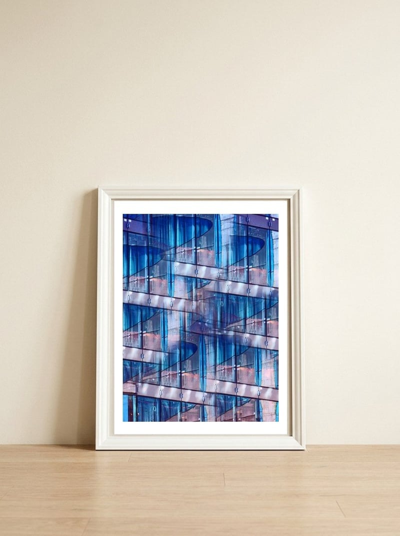 Blue Skyscraper Abstract — framed, leaning against the wall