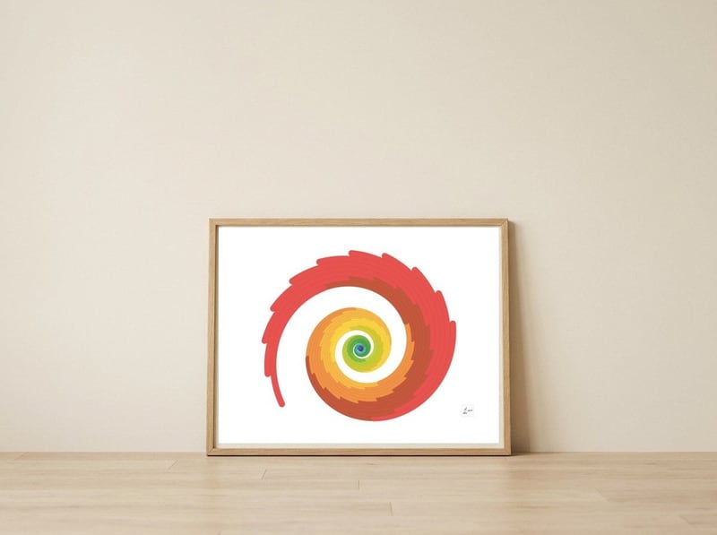 Firebird spiral — framed, leaning against the wall