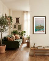Tree overlooking the Mediterranean sea framed in a grounding room thumbnail