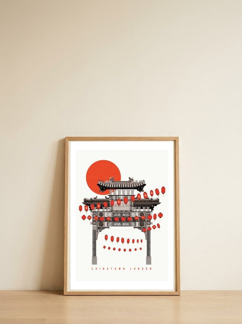 Chinatown London Illustrated Art Print — framed, leaning against the wall