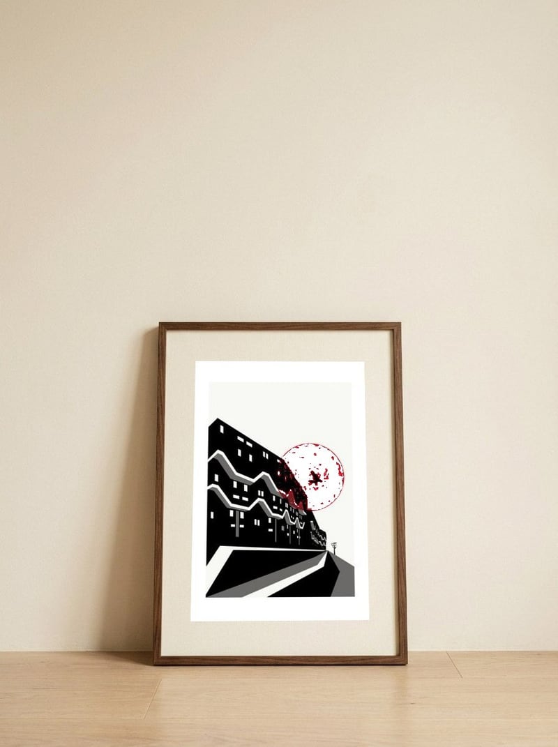 Blood Moon Brixton Illustrated Art Print of London — framed, leaning against the wall