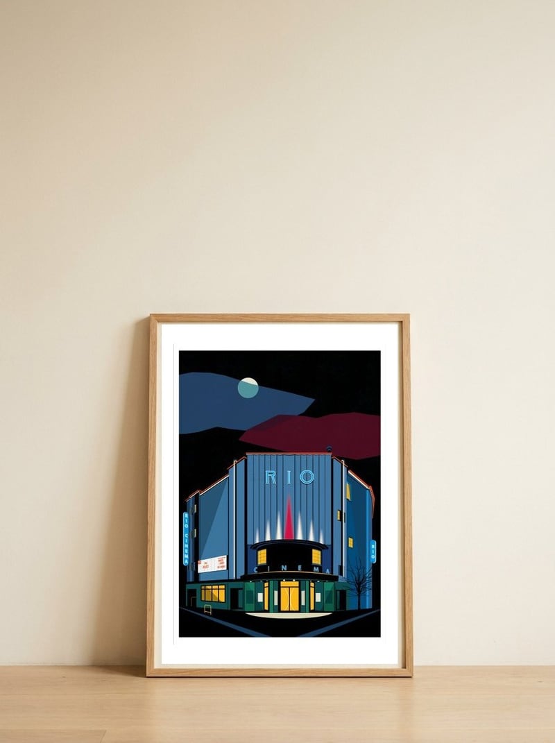 Rio Cinema Art Print. Illustrated Posters of London — framed, leaning against the wall