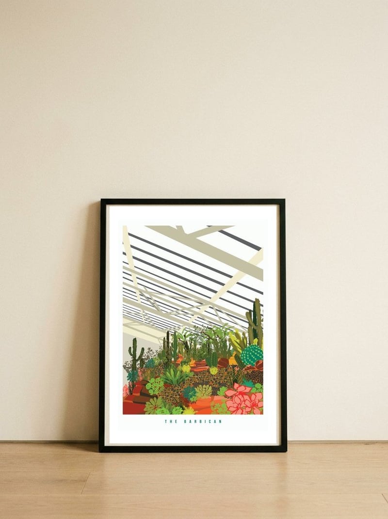 The Barbican Conservatory Illustrated Art Print of London — framed, leaning against the wall