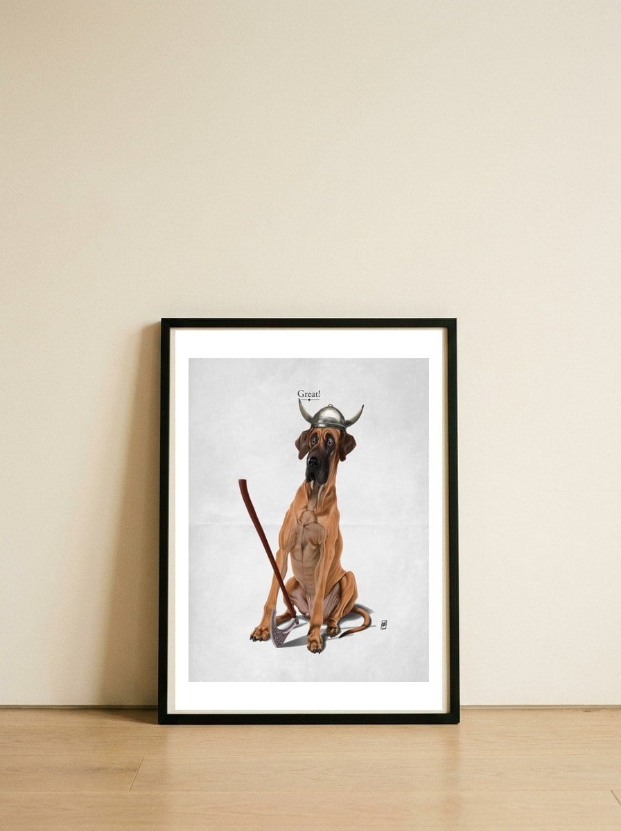 Great! — framed, leaning against the wall