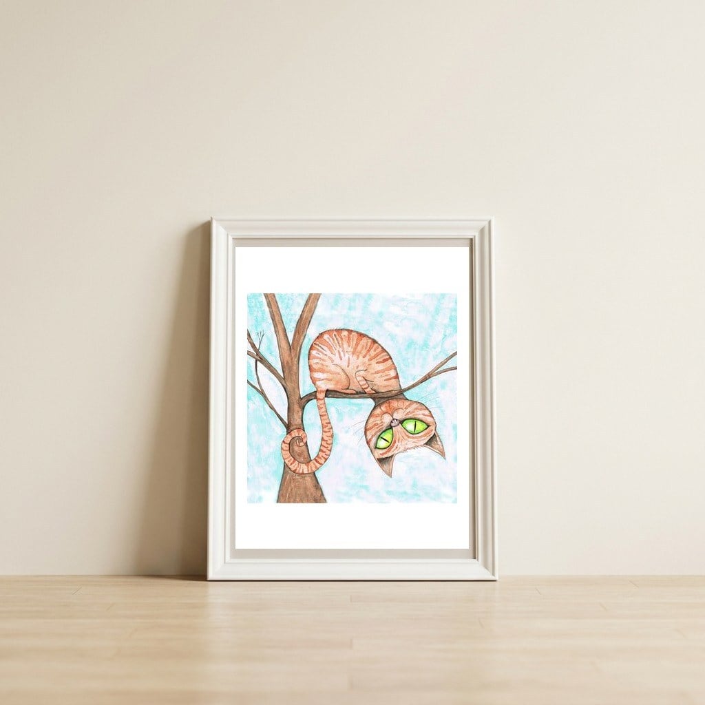Red cat in a tree — framed, leaning against the wall
