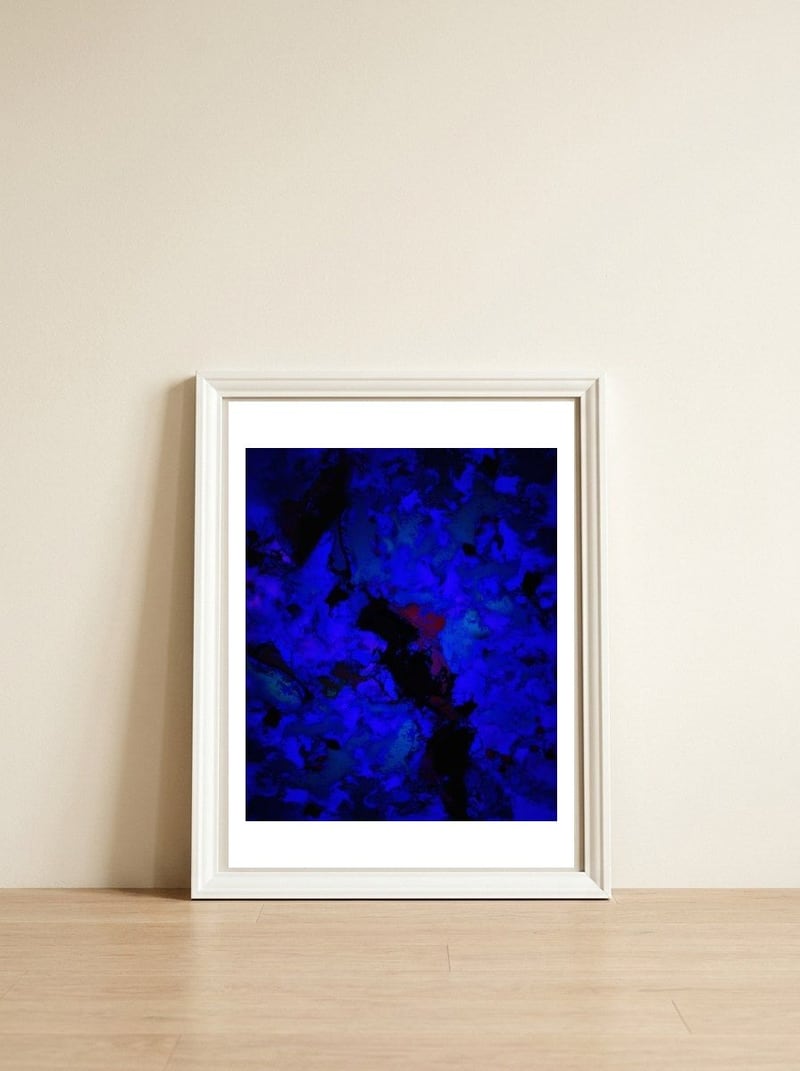 A Dark Blue Crash — framed, leaning against the wall
