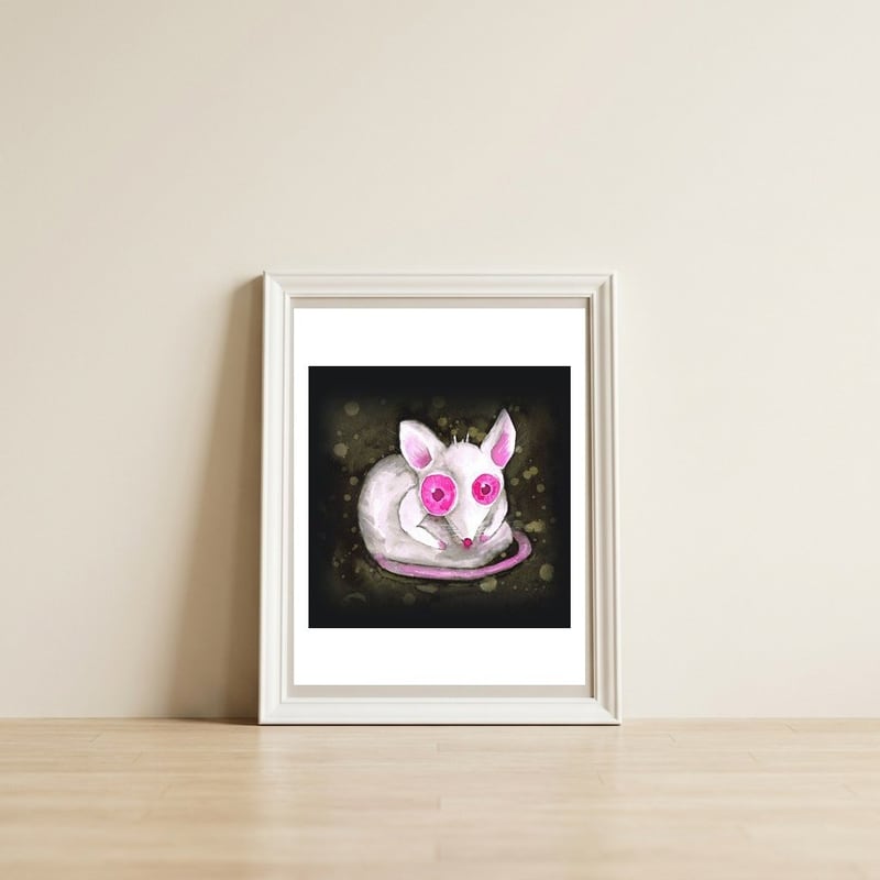 Albino rat — framed, leaning against the wall