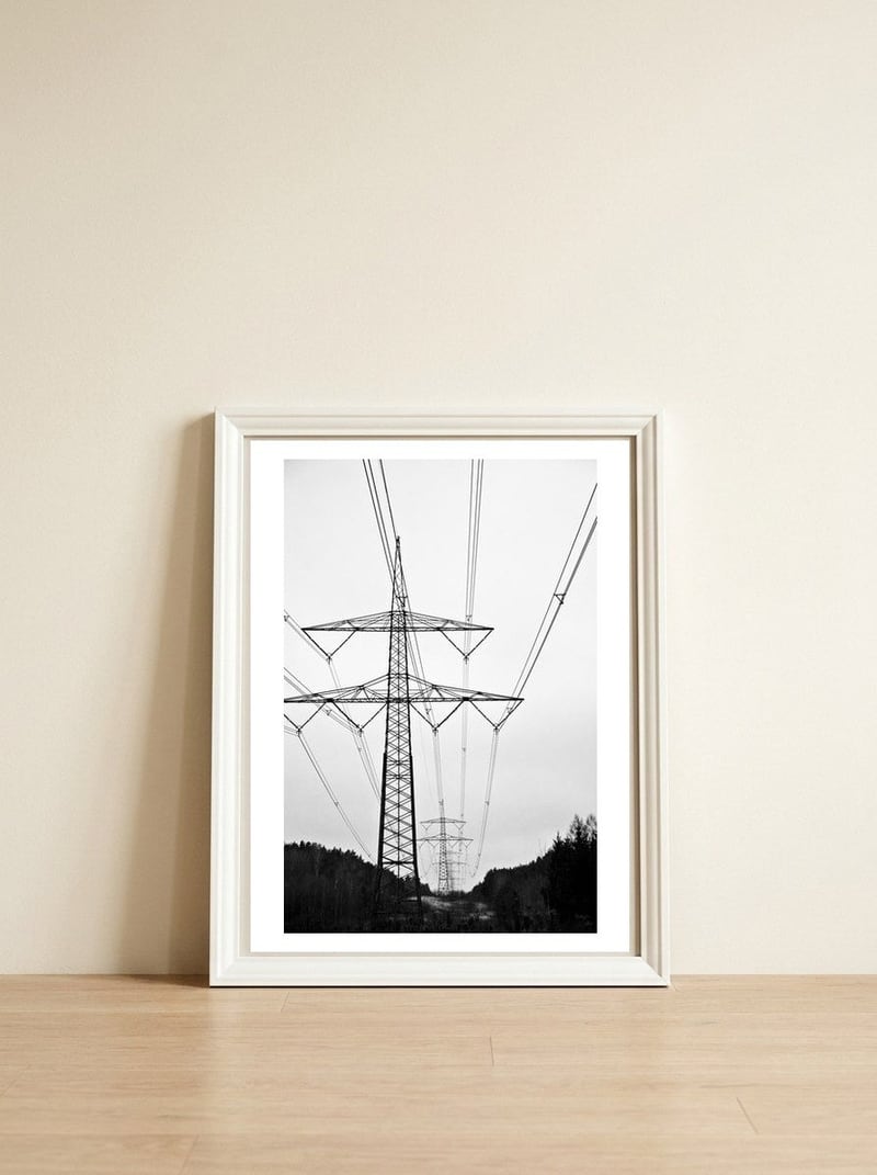 Pylon Landscape, Urban Germany — framed, leaning against the wall