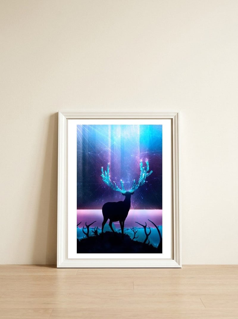 Greenery Deer - Sterling Magenta — framed, leaning against the wall
