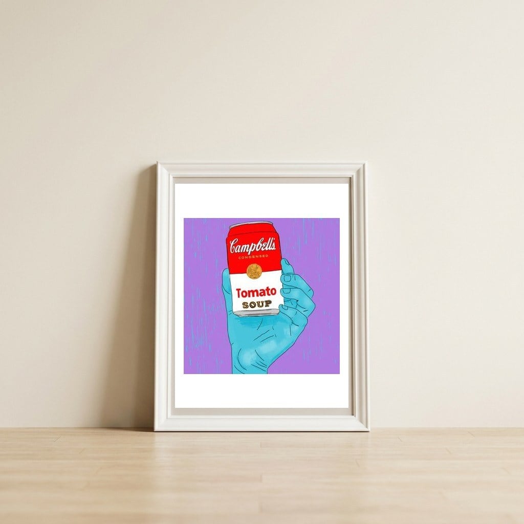Want some soup? — framed, leaning against the wall