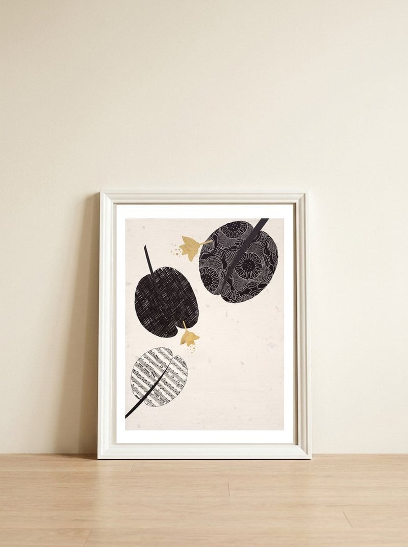 Abstract leaves — framed, leaning against the wall