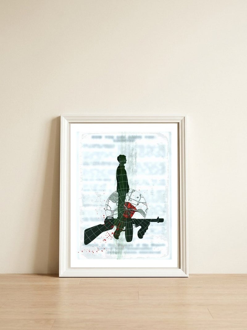 Rule of gun — framed, leaning against the wall