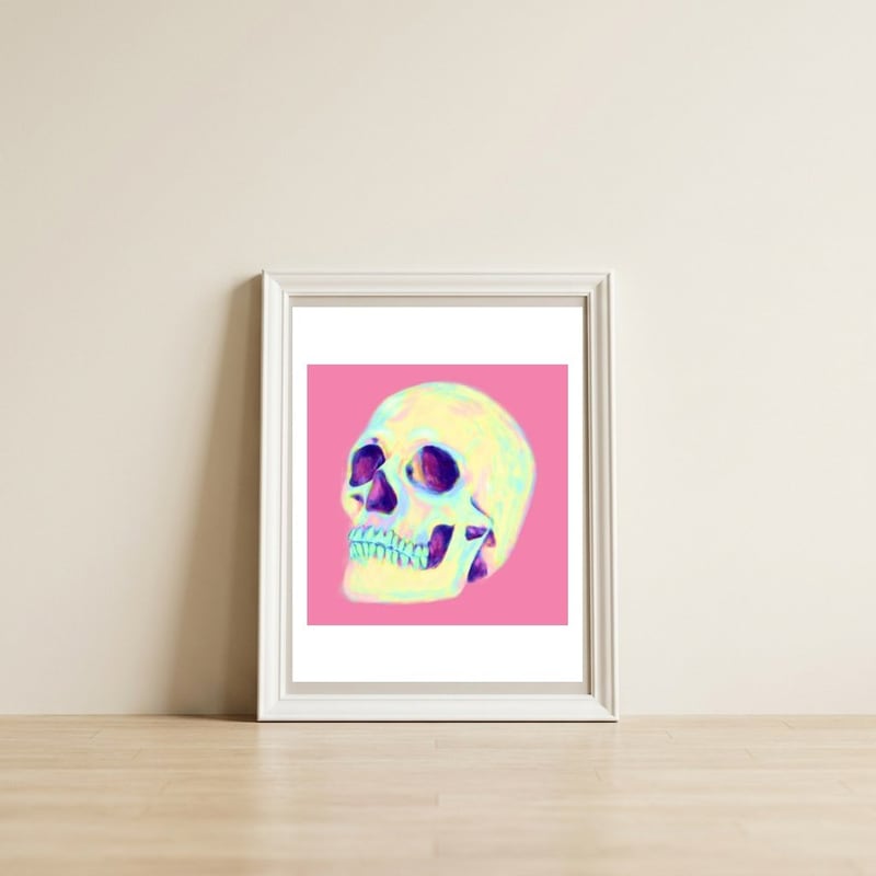 Skull — framed, leaning against the wall