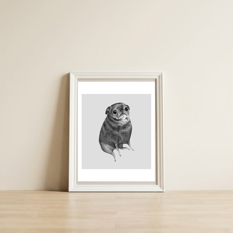 Sweet Black Pug — framed, leaning against the wall