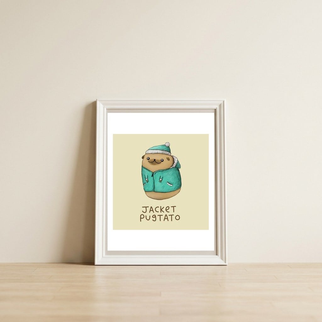 Jacket Pugtato — framed, leaning against the wall