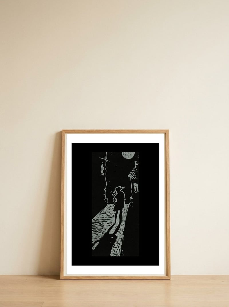 Wanderer — framed, leaning against the wall