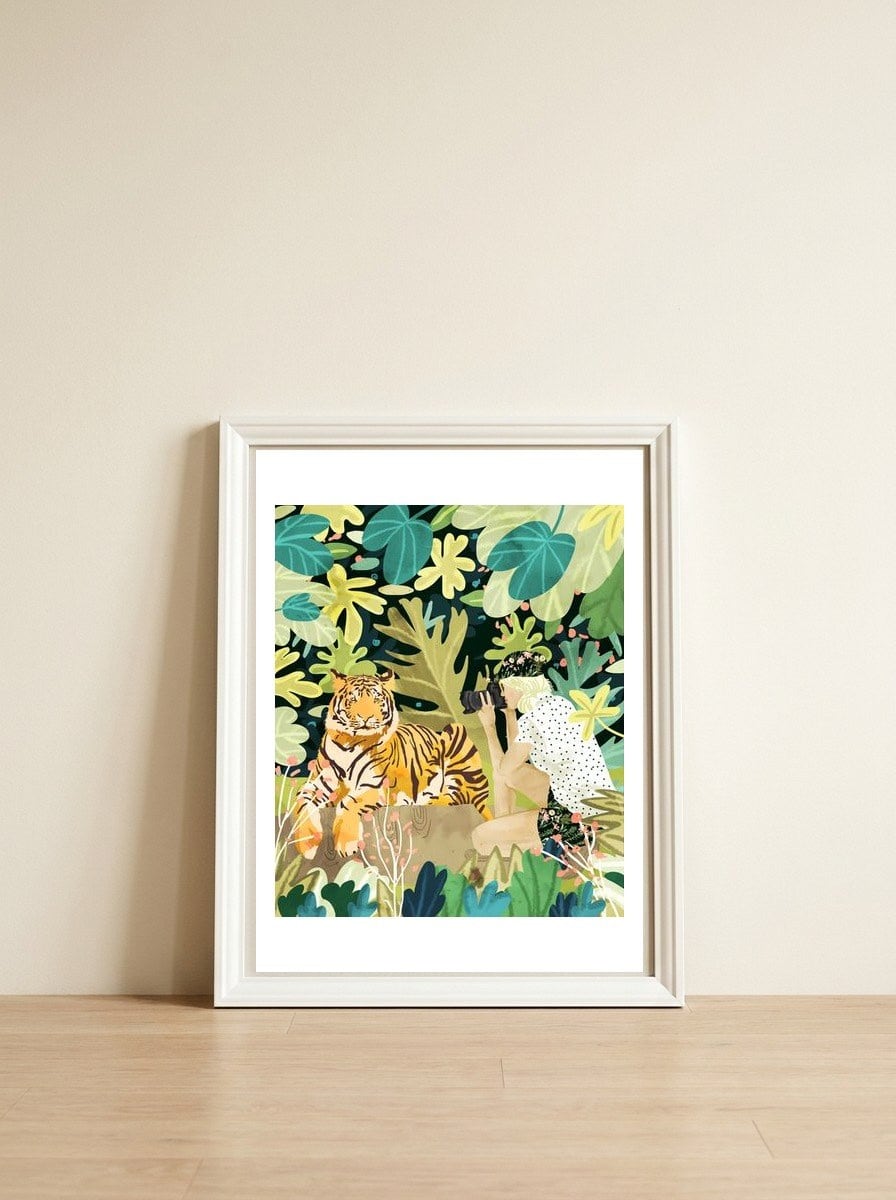 Tiger Sighting — framed, leaning against the wall