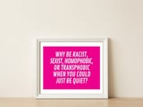 Why Be Racist, Sexist, Homophobic, Or Transphobic When You Could Just Be Quiet Pink — framed, leaning against the wall thumbnail