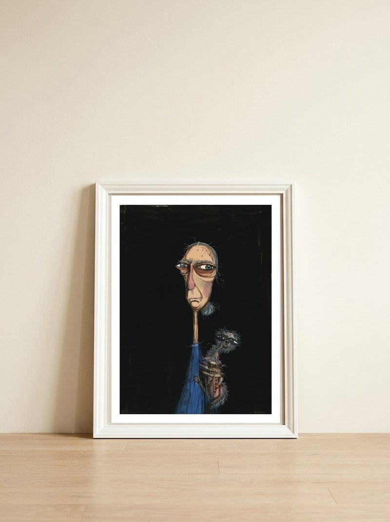 Woman Holding A Chihuahua — framed, leaning against the wall