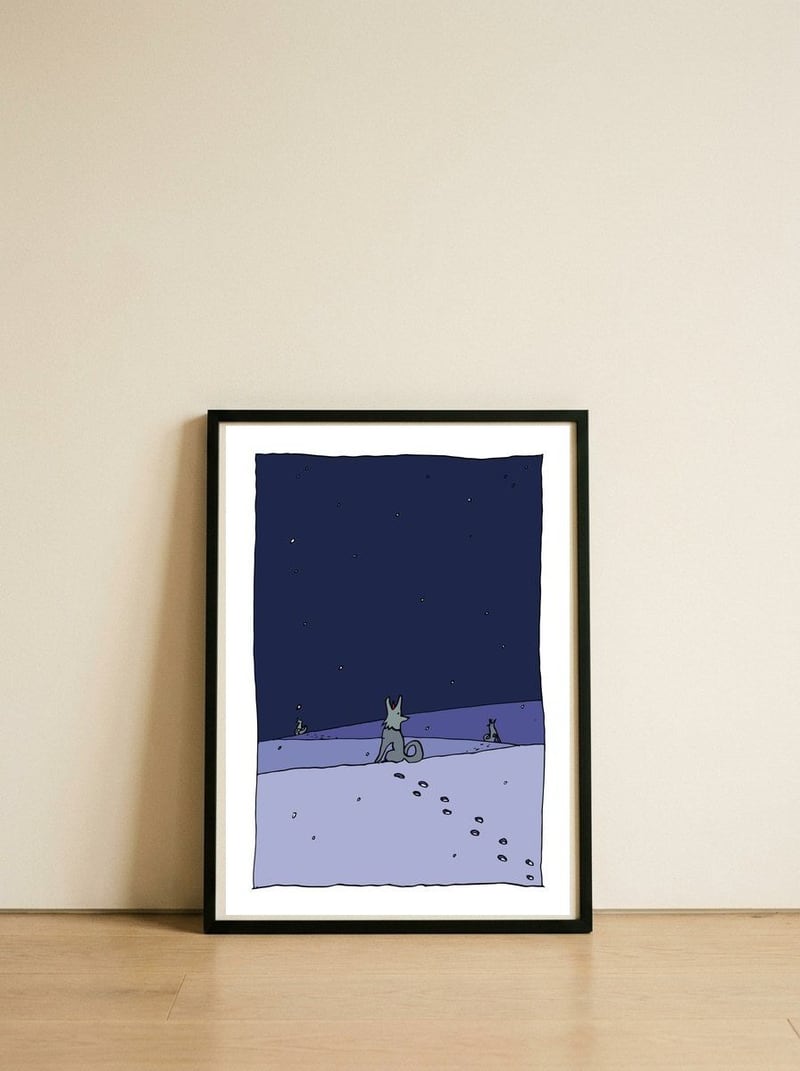 Dogs in Winter Night — framed, leaning against the wall