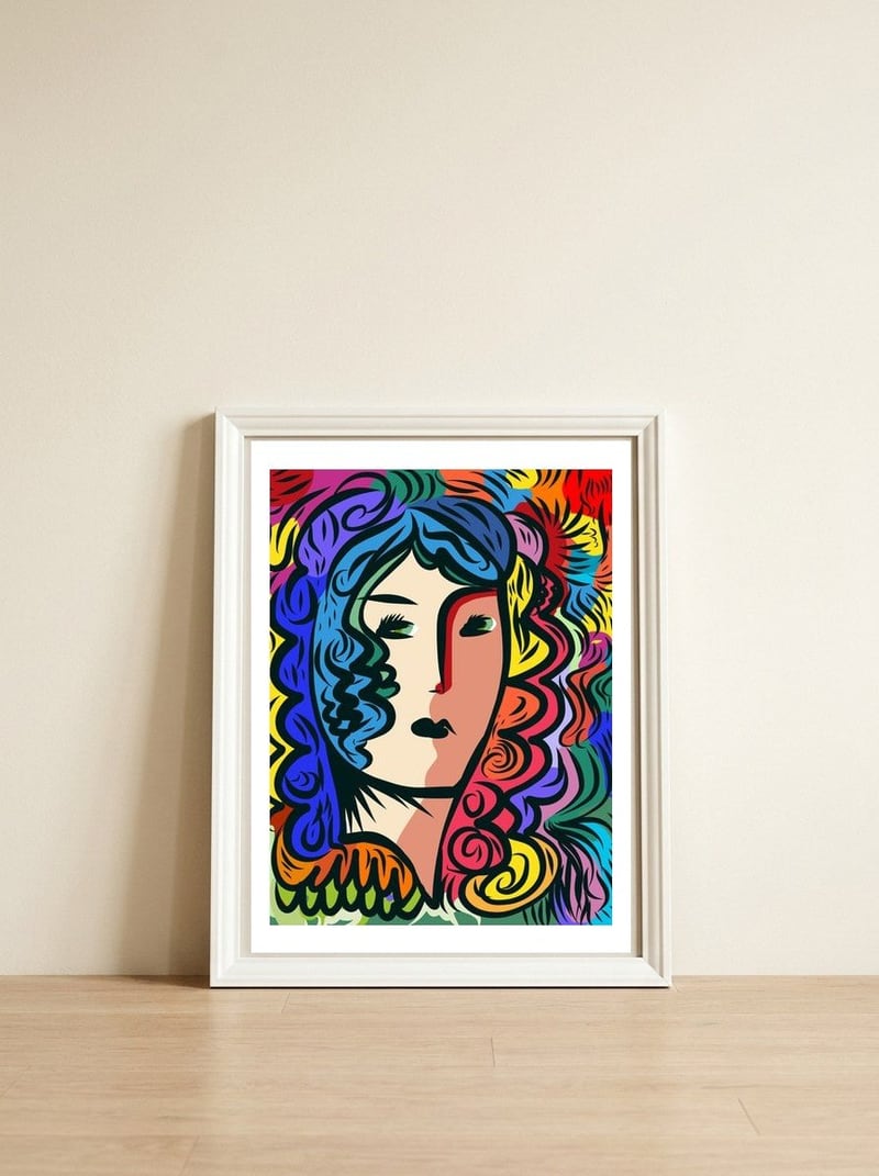 Rainbow Portrait Girl — framed, leaning against the wall