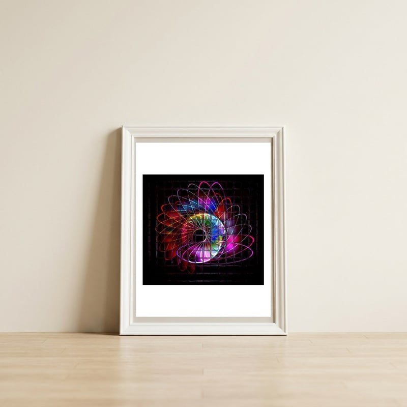 Illuminated helix #3 — framed, leaning against the wall
