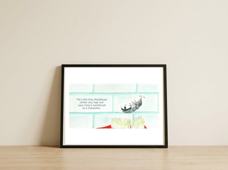 Vicky Licketts & the Little Grey Woodlouse — framed, leaning against the wall