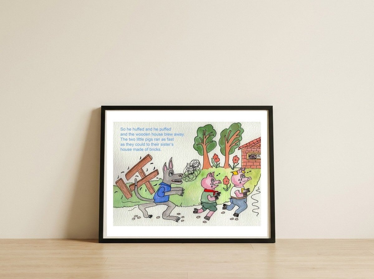 Three Little Pigs — framed, leaning against the wall