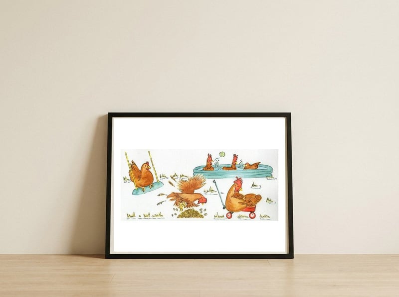 Bored Chickens — framed, leaning against the wall