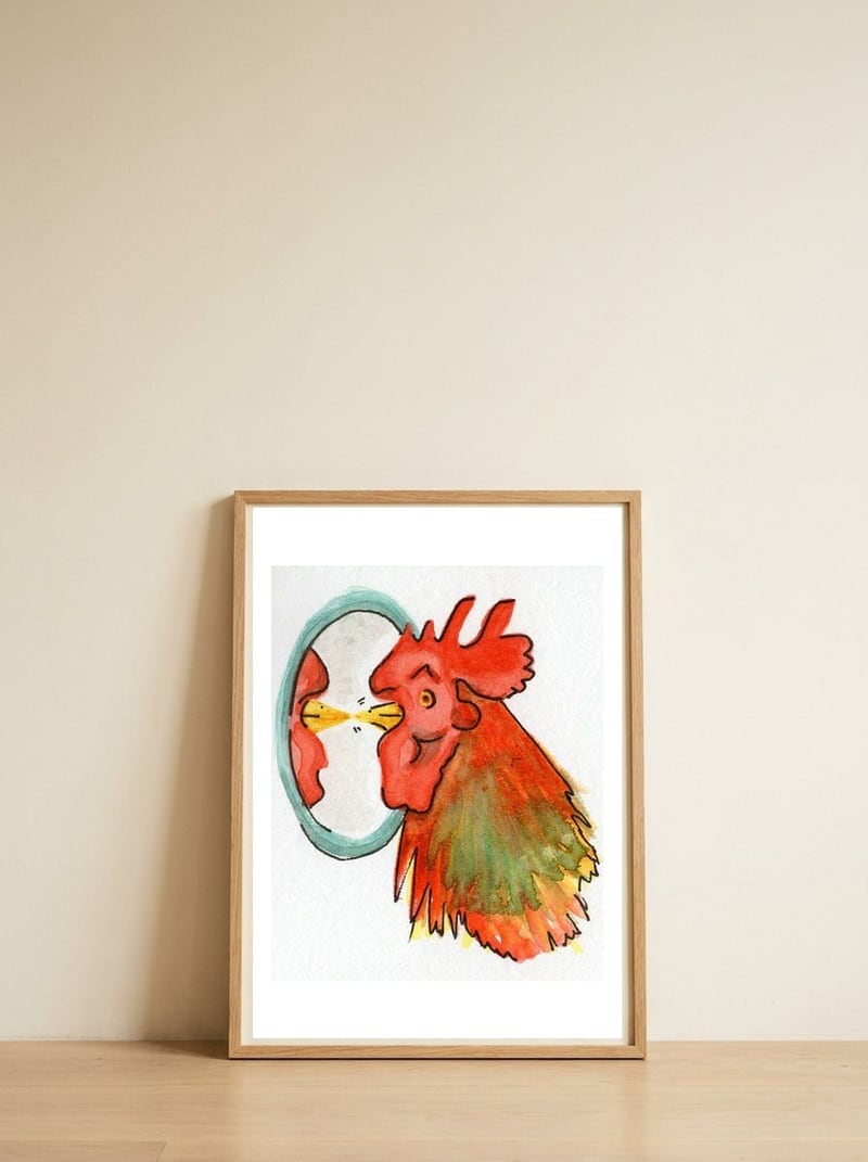 Rooster — framed, leaning against the wall