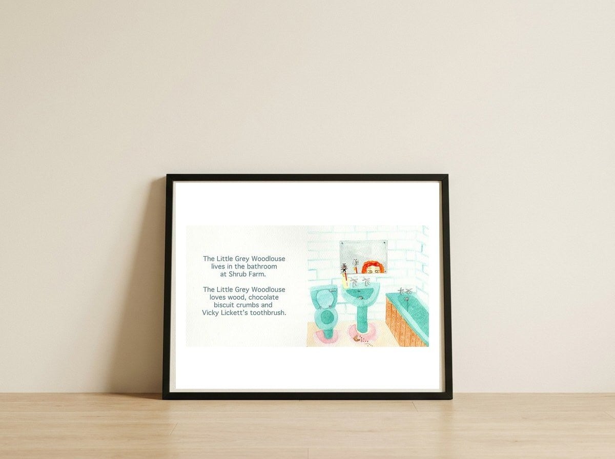 Vicky Licketts & the Little Grey Woodlouse — framed, leaning against the wall
