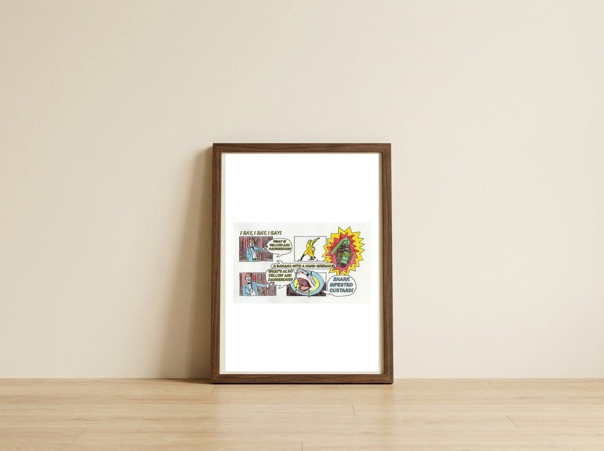 Yellow And Dangerous Joke — framed, leaning against the wall
