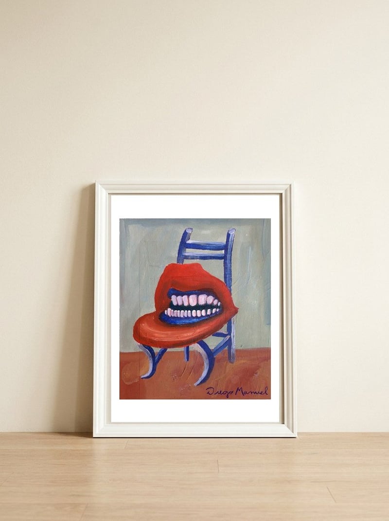 Mouth chair — framed, leaning against the wall