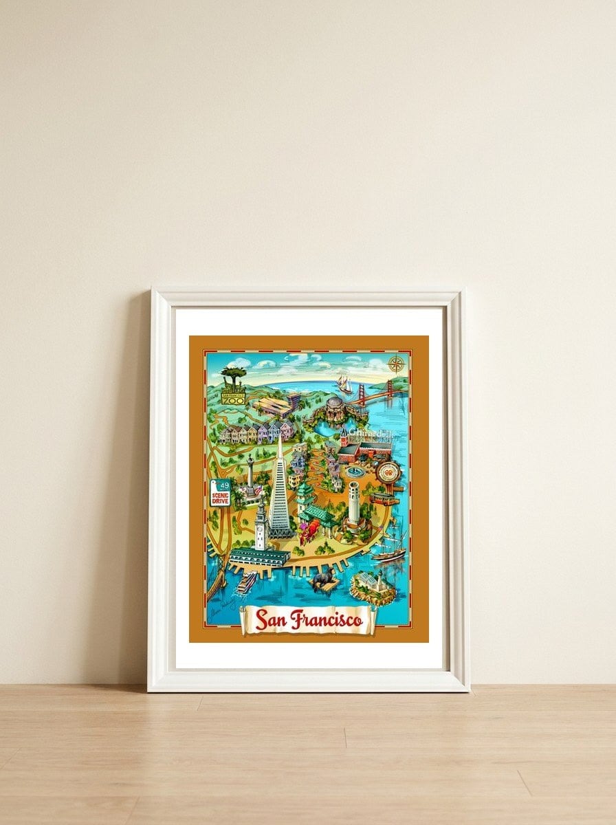 San Francisco Map Illustration — framed, leaning against the wall