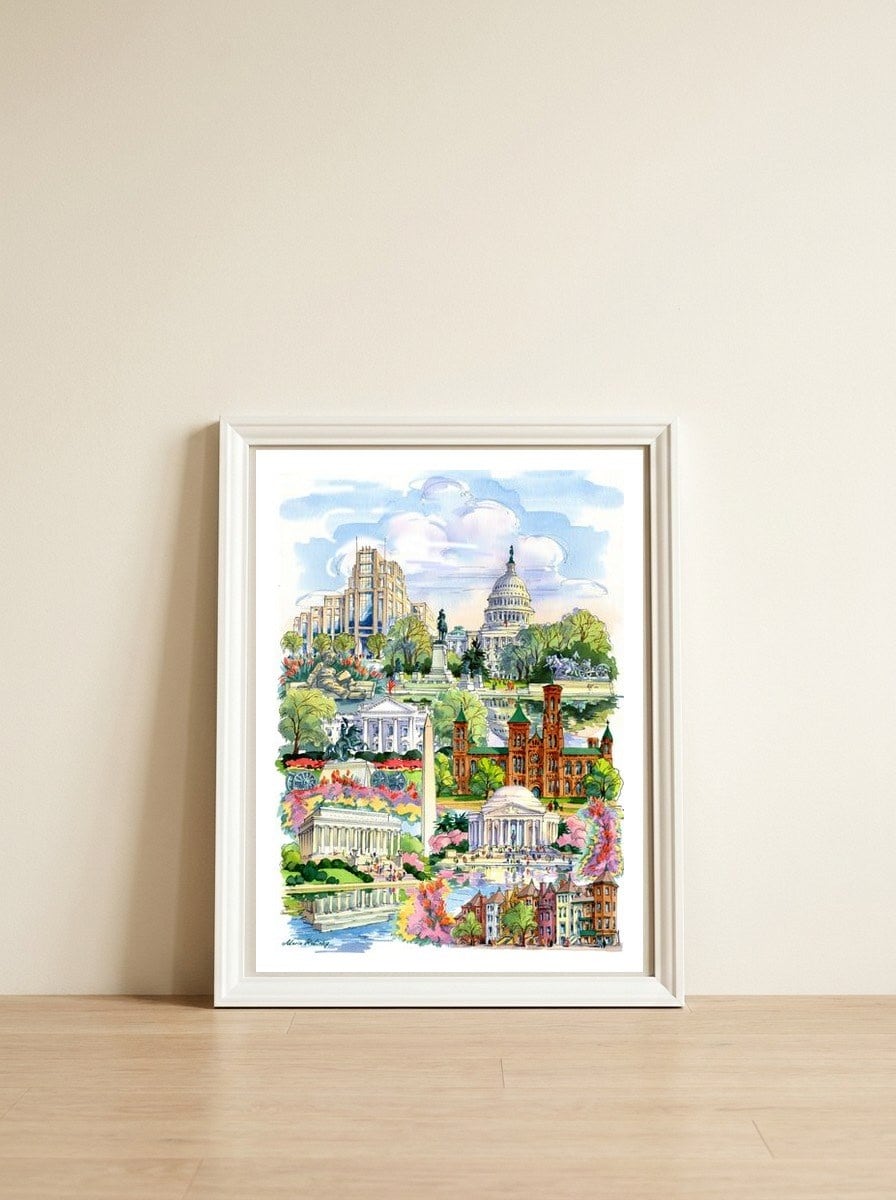 Washington District of Columbia Illustration — framed, leaning against the wall
