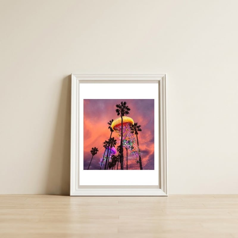 Electric Jellyfish in Palm Trees — framed, leaning against the wall