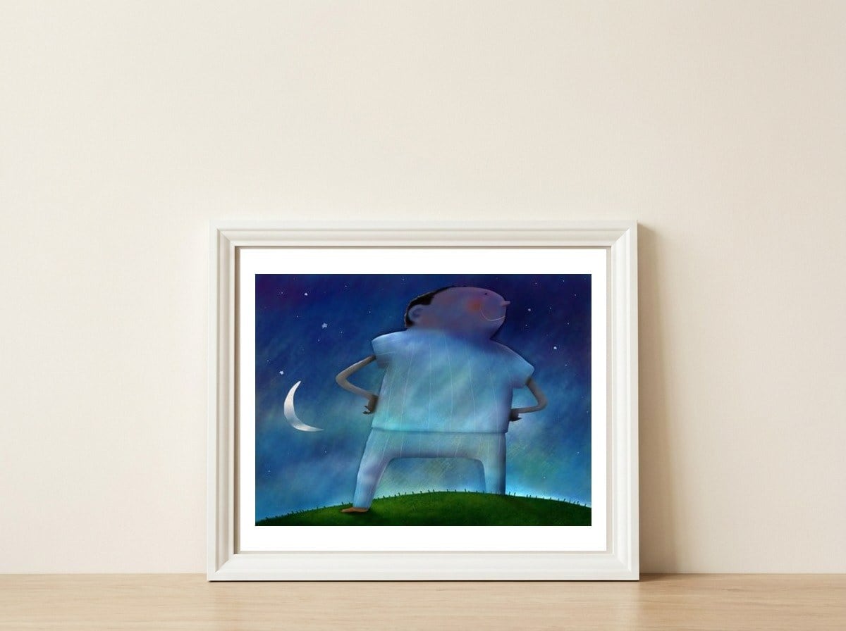 On Top Of His World — framed, leaning against the wall