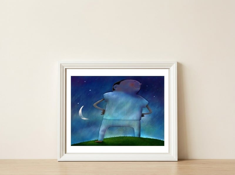 On Top Of His World — framed, leaning against the wall