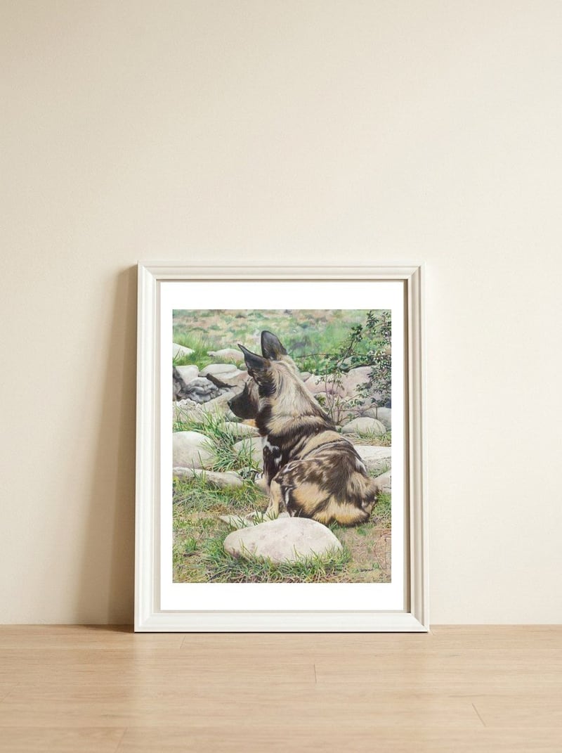 African Painted Dog I — framed, leaning against the wall